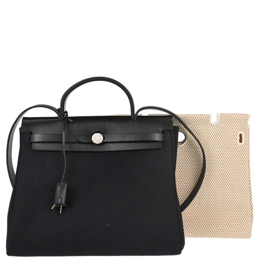 Hermes Black Beige Toile Officier GM Herbag PM 2 in 1 Handbag