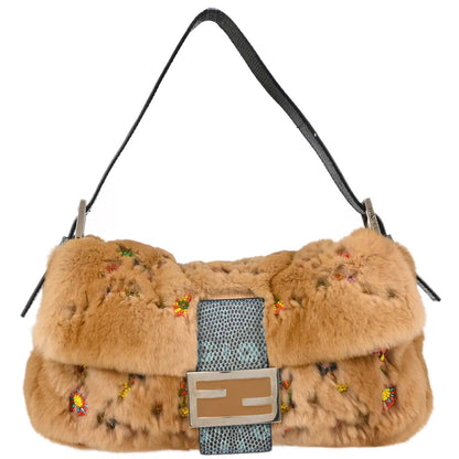 Fendi * Beige Fur Lizard Baguette Handbag