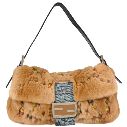 Fendi * Beige Fur Lizard Baguette Handbag