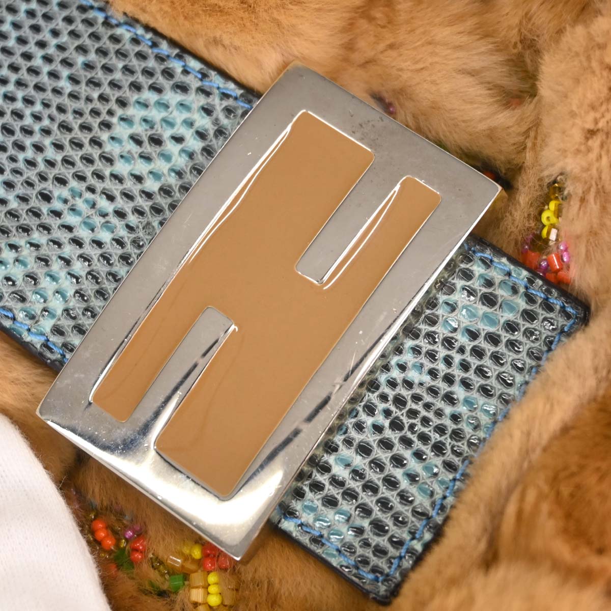 Fendi * Beige Fur Lizard Baguette Handbag
