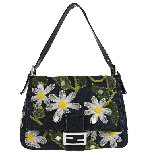 Fendi Indigo Denim Floral Mamma Baguette Handbag