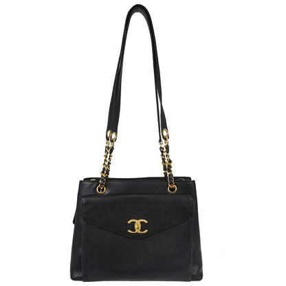 Chanel 1994-1996 Black Caviar Skin Shoulder Tote Bag