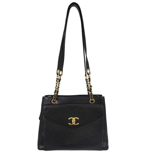 Chanel 1994-1996 Black Caviar Skin Shoulder Tote Bag