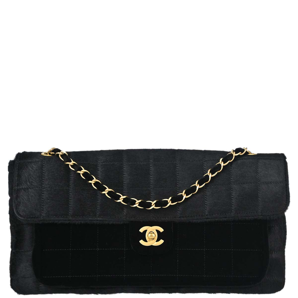 Chanel 2000-2002 Black Pony Hair Velvet Choco Bar Single Flap Shoulder Bag