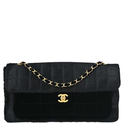 Chanel 2000-2002 Black Pony Hair Velvet Choco Bar Single Flap Shoulder Bag