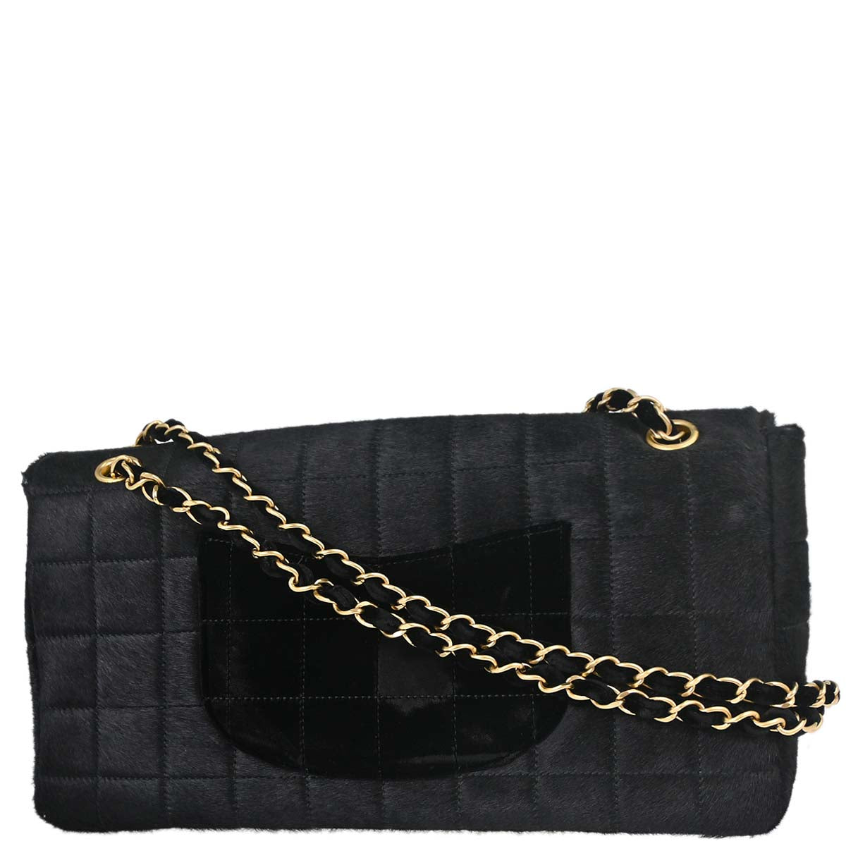 Chanel 2000-2002 Black Pony Hair Velvet Choco Bar Single Flap Shoulder Bag