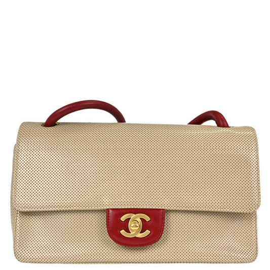 Chanel Beige Red Patent Leather Medium Single Flap Shoulder Bag