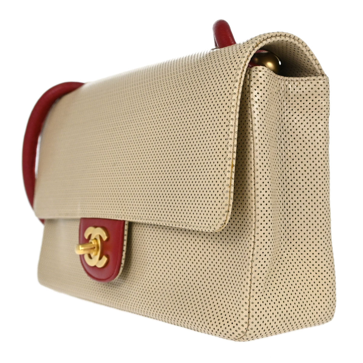 Chanel Beige Red Patent Leather Medium Single Flap Shoulder Bag