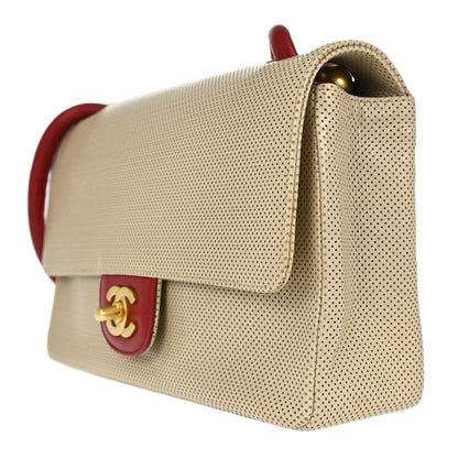 Chanel Beige Red Patent Leather Medium Single Flap Shoulder Bag