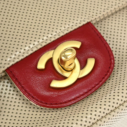 Chanel Beige Red Patent Leather Medium Single Flap Shoulder Bag