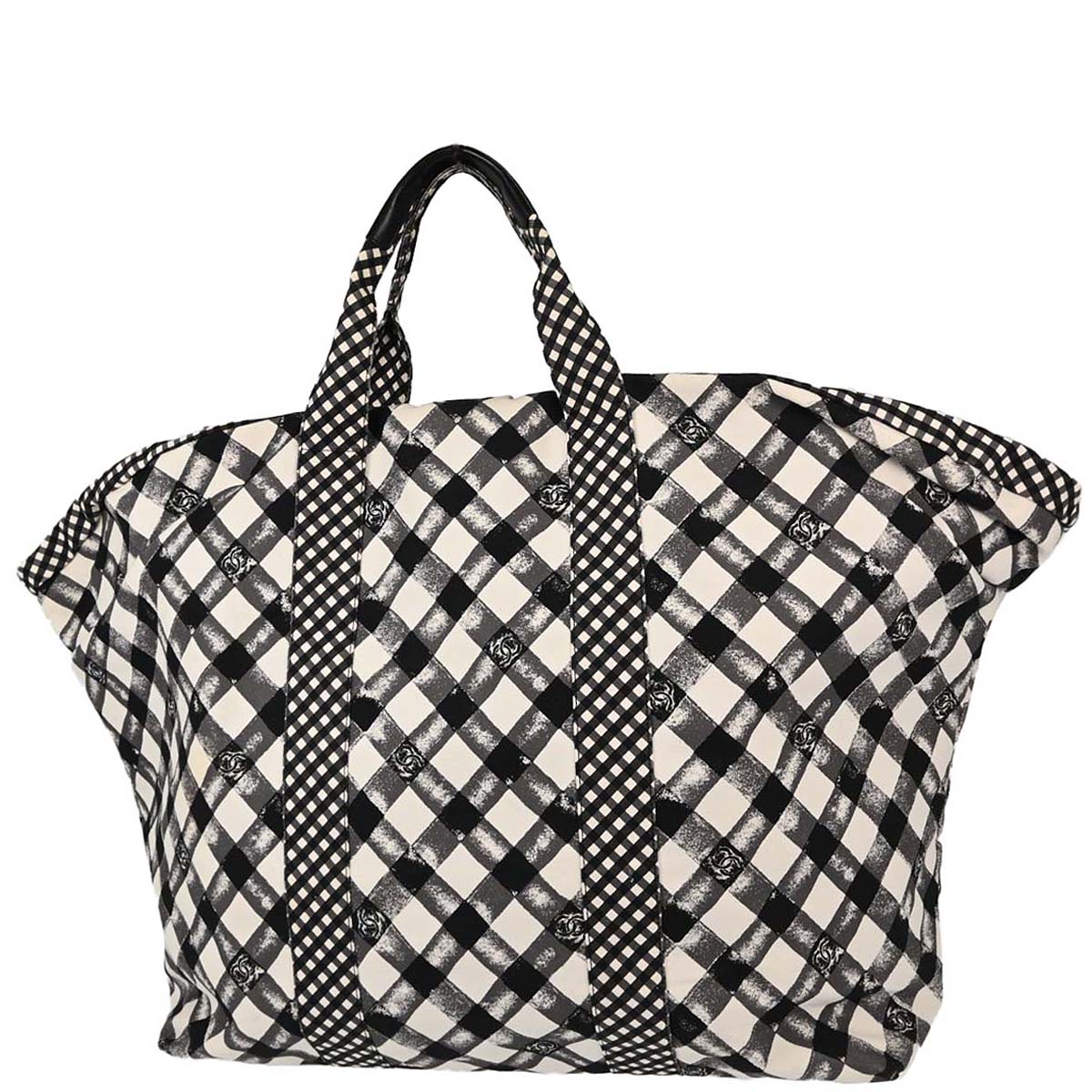 Chanel Black White Canvas Gingham Check Tote Handbag