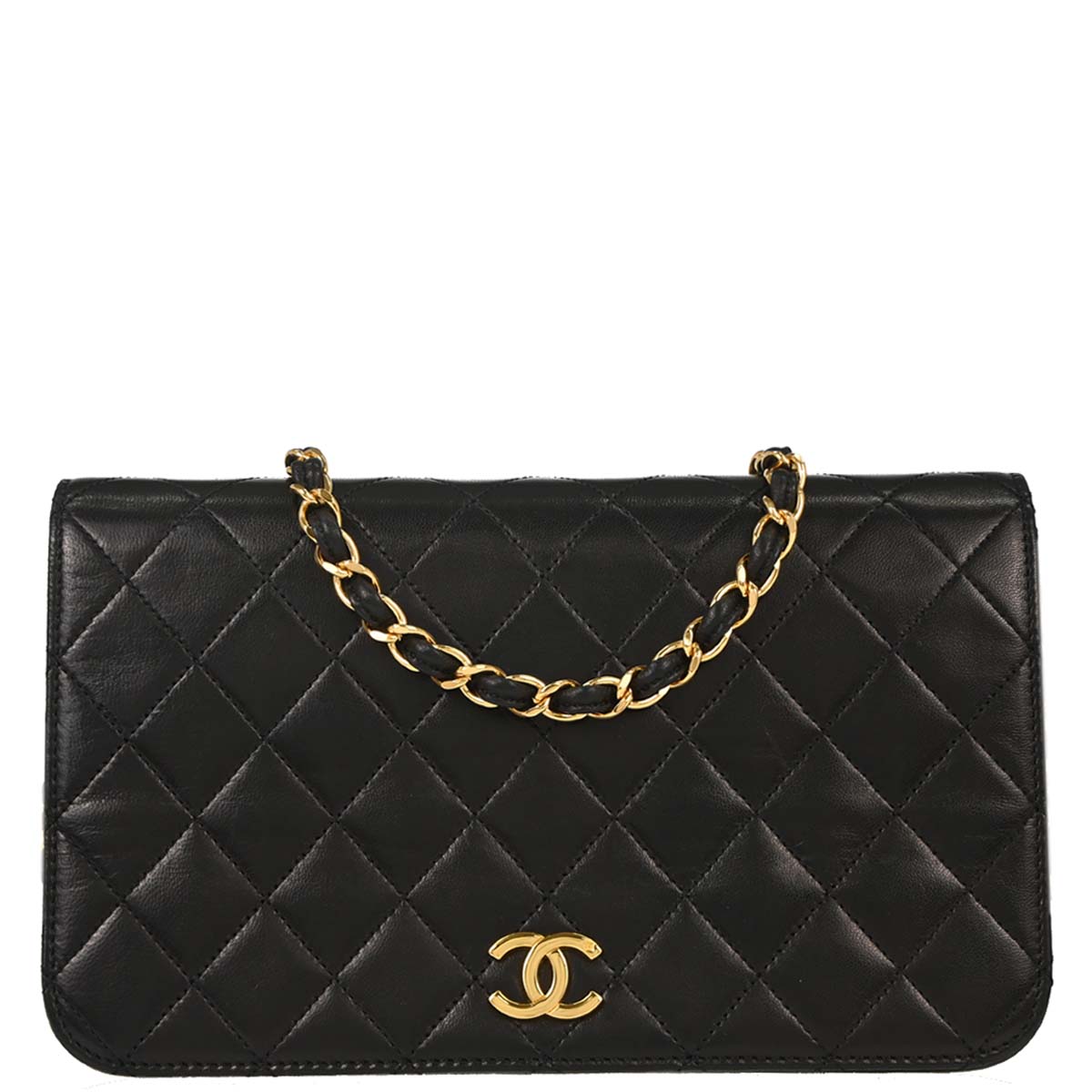Chanel 1997-1999 Black Lambskin Pushlock Small Full Flap Shoulder Bag