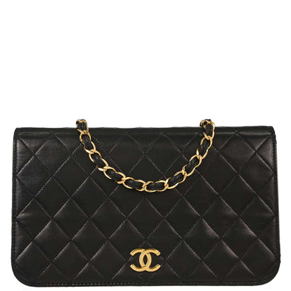 Chanel 1997-1999 Black Lambskin Pushlock Small Full Flap Shoulder Bag