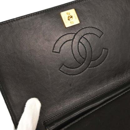 Chanel 1997-1999 Black Lambskin Pushlock Small Full Flap Shoulder Bag