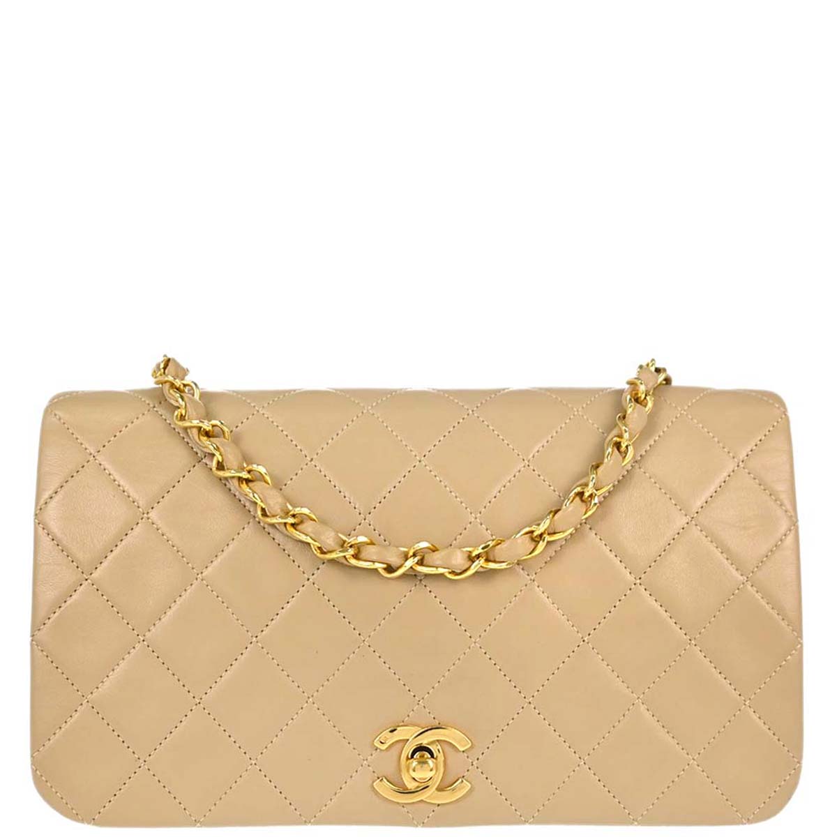 Chanel 1989-1991 Beige Lambskin Turnlock Small Full Flap Shoulder Bag