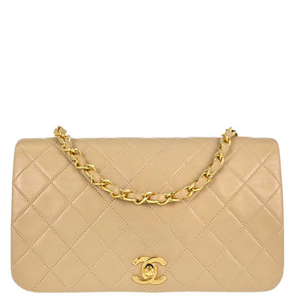 Chanel 1989-1991 Beige Lambskin Turnlock Small Full Flap Shoulder Bag