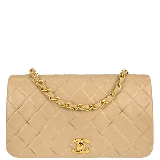 Chanel 1989-1991 Beige Lambskin Turnlock Small Full Flap Shoulder Bag