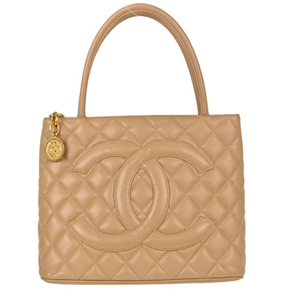 Chanel 2001-2003 Beige Caviar Skin Medallion Tote Handbag