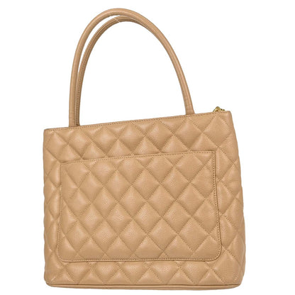 Chanel 2001-2003 Beige Caviar Skin Medallion Tote Handbag