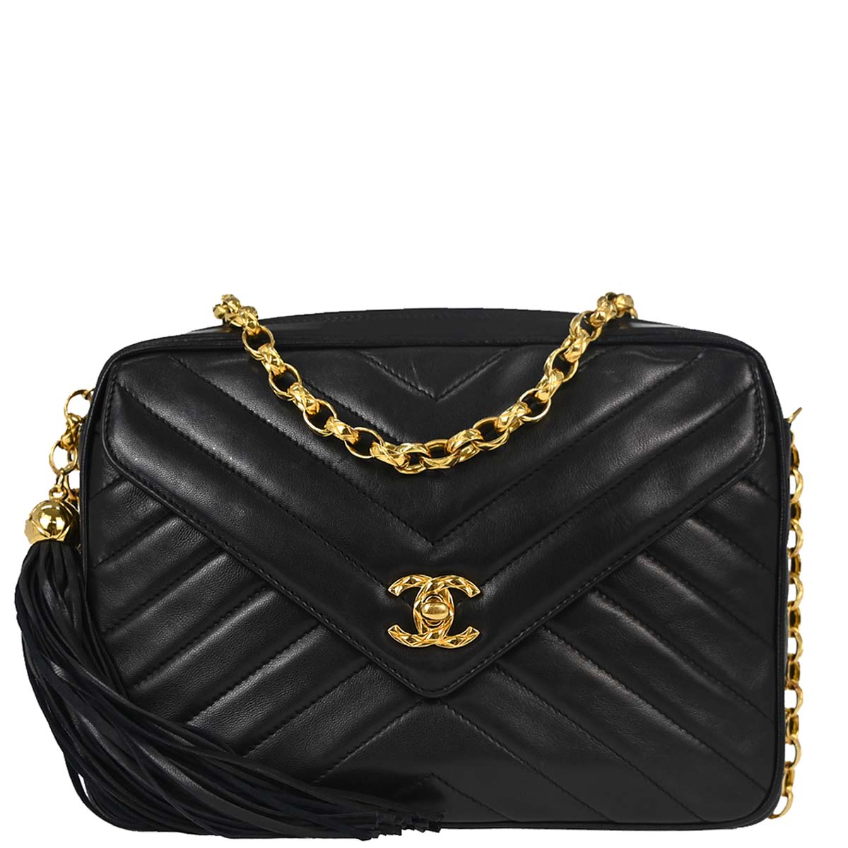 Chanel 1991-1994 Black Lambskin Chevron Camera Bag Small