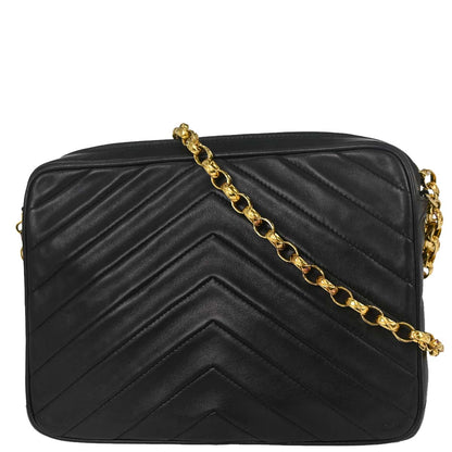 Chanel 1991-1994 Black Lambskin Chevron Camera Bag Small