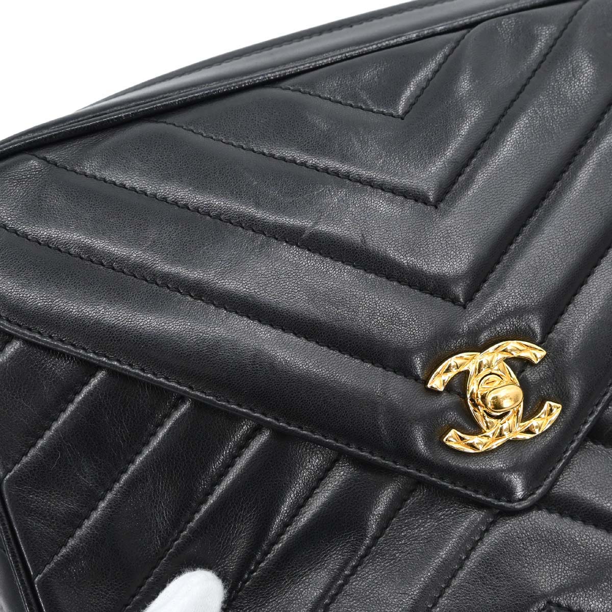 Chanel 1991-1994 Black Lambskin Chevron Camera Bag Small