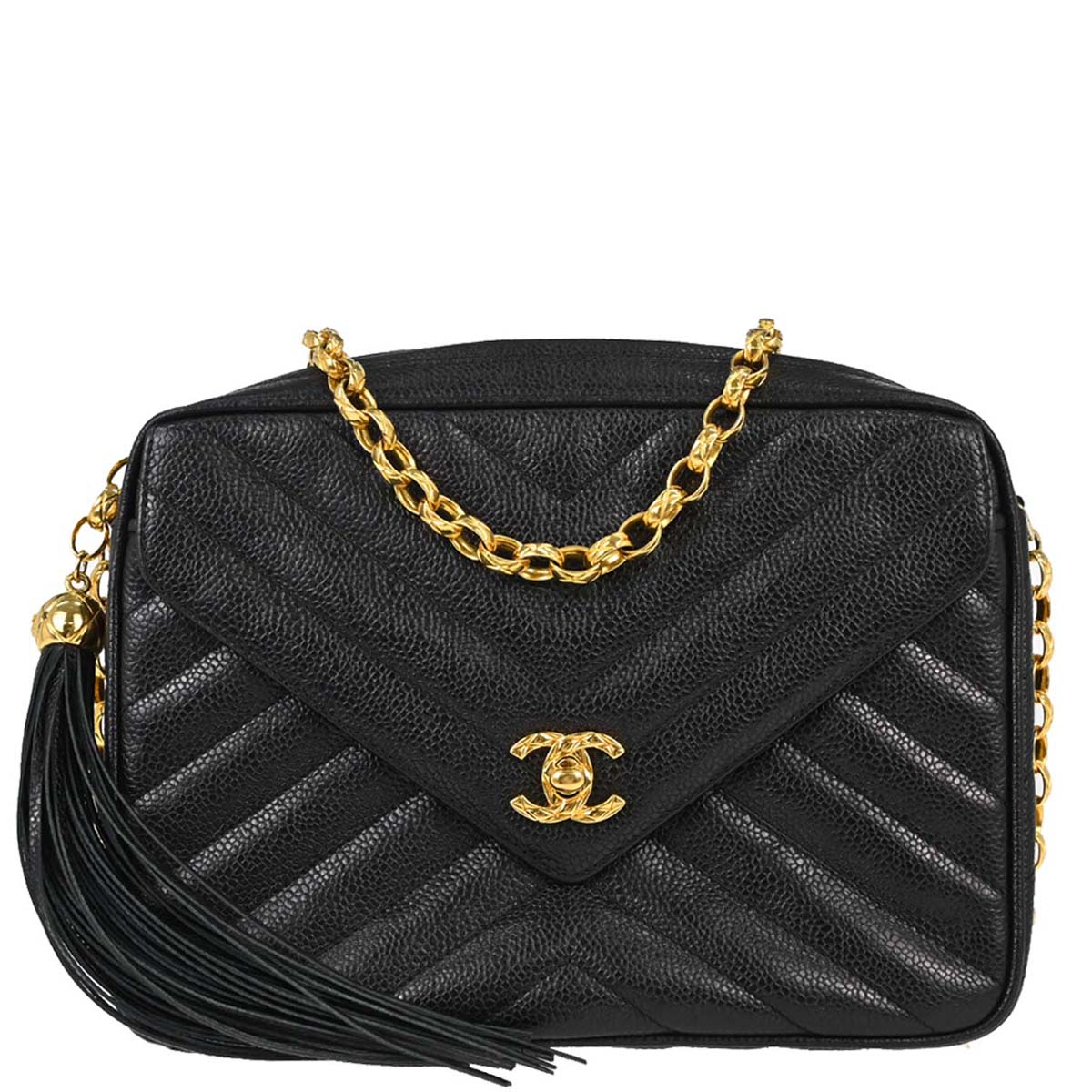 Chanel 1991-1994 Black Caviar Skin Chevron Camera Bag Small