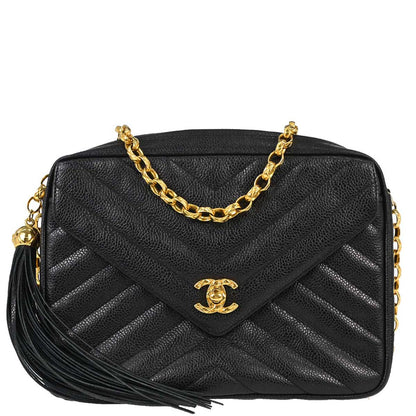 Chanel 1991-1994 Black Caviar Skin Chevron Camera Bag Small