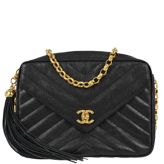 Chanel 1991-1994 Black Caviar Skin Chevron Camera Bag Small