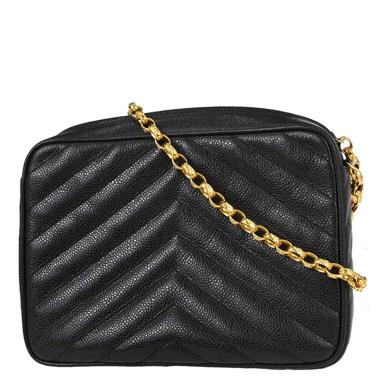 Chanel 1991-1994 Black Caviar Skin Chevron Camera Bag Small