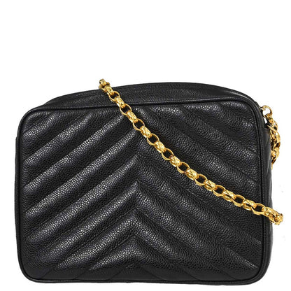 Chanel 1991-1994 Black Caviar Skin Chevron Camera Bag Small