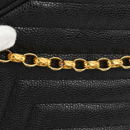 Chanel 1991-1994 Black Caviar Skin Chevron Camera Bag Small