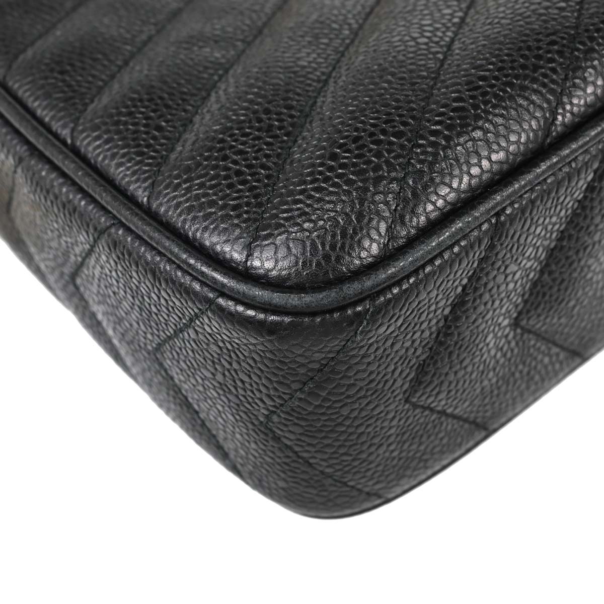 Chanel 1991-1994 Black Caviar Skin Chevron Camera Bag Small