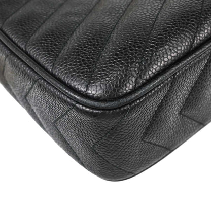 Chanel 1991-1994 Black Caviar Skin Chevron Camera Bag Small