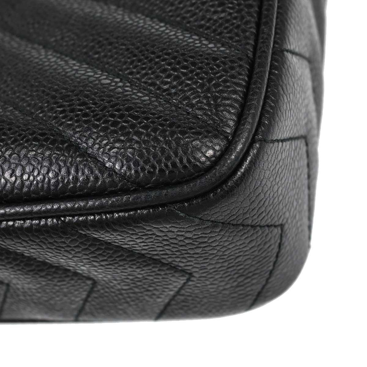 Chanel 1991-1994 Black Caviar Skin Chevron Camera Bag Small