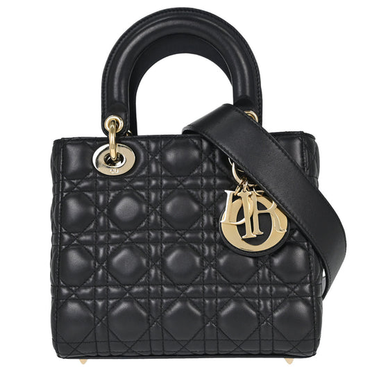 Christian Dior Black Lambskin Small Lady Dior Cannage 2way Shoulder Handbag