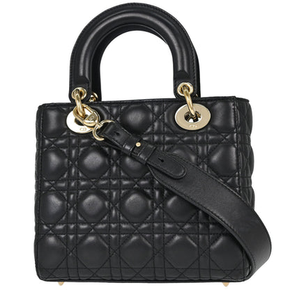 Christian Dior Black Lambskin Small Lady Dior Cannage 2way Shoulder Handbag