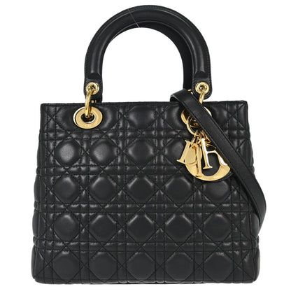 Christian Dior Black Lambskin Medium Lady Dior Cannage 2way Shoulder Handbag