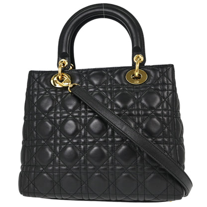 Christian Dior Black Lambskin Medium Lady Dior Cannage 2way Shoulder Handbag