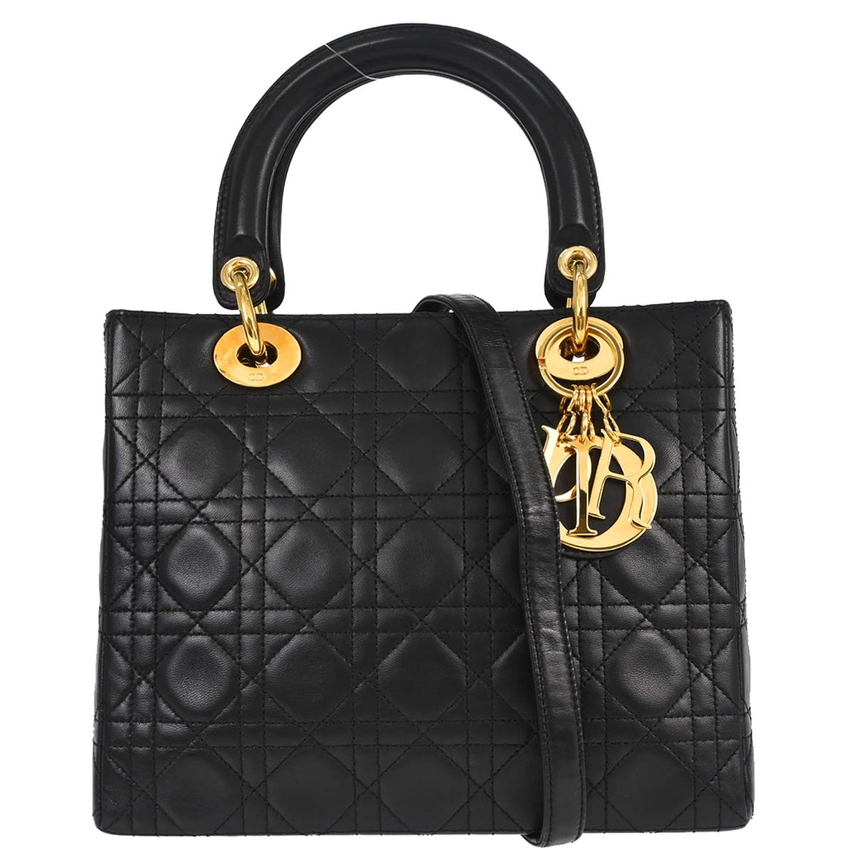 Christian Dior Black Lambskin Medium Lady Dior Cannage 2way Shoulder Handbag