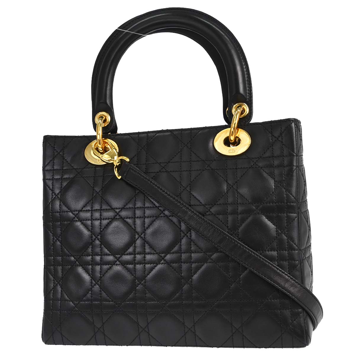 Christian Dior Black Lambskin Medium Lady Dior Cannage 2way Shoulder Handbag