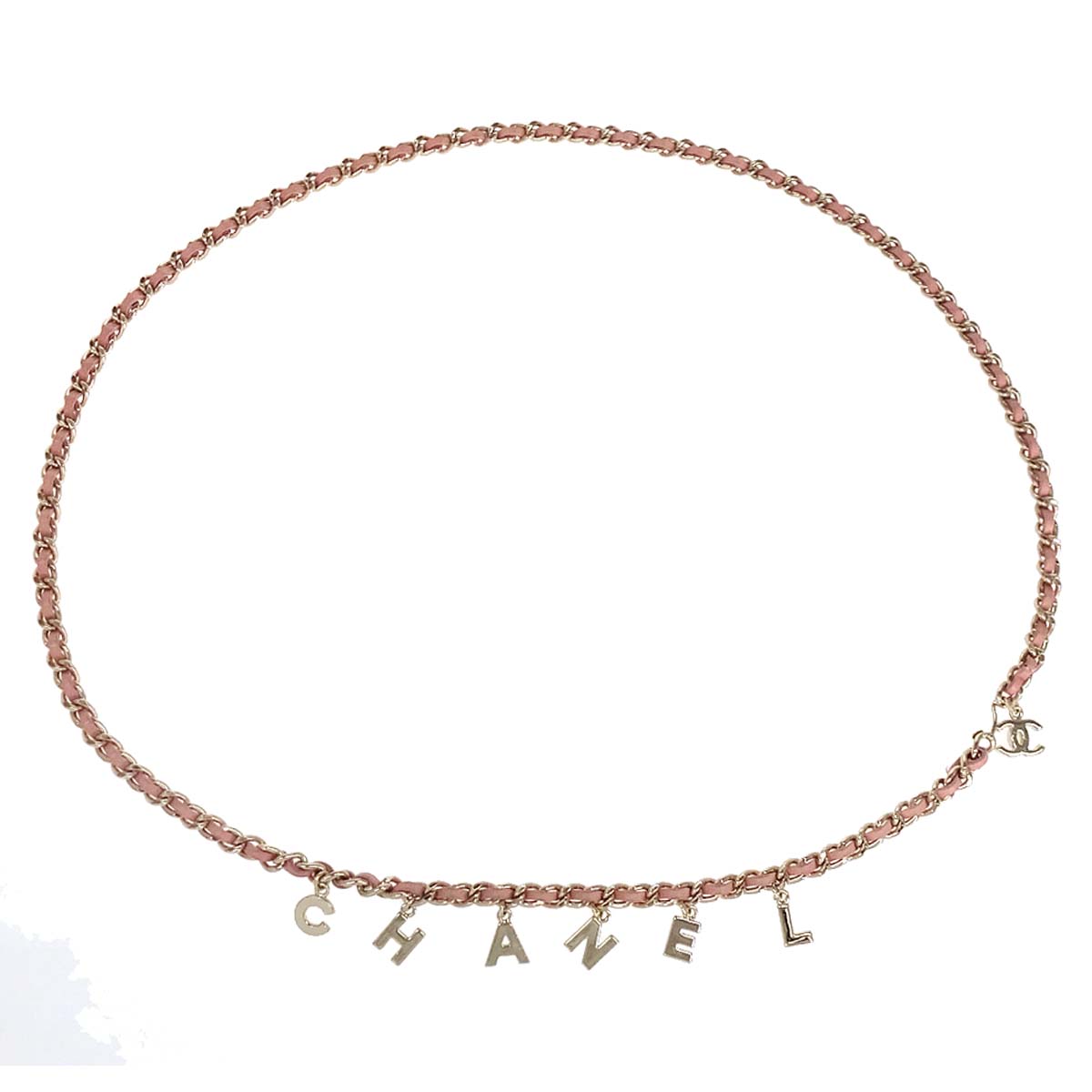 Chanel Chain Belt CC Logo Charm Gold Pink Leather Small Good 09C