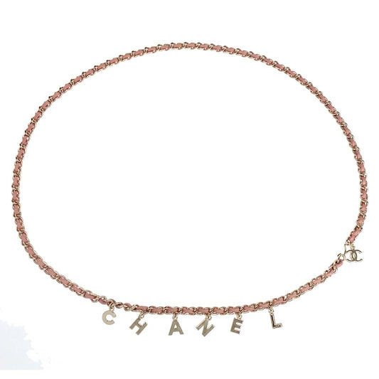 Chanel Chain Belt CC Logo Charm Gold Pink Leather Small Good 09C