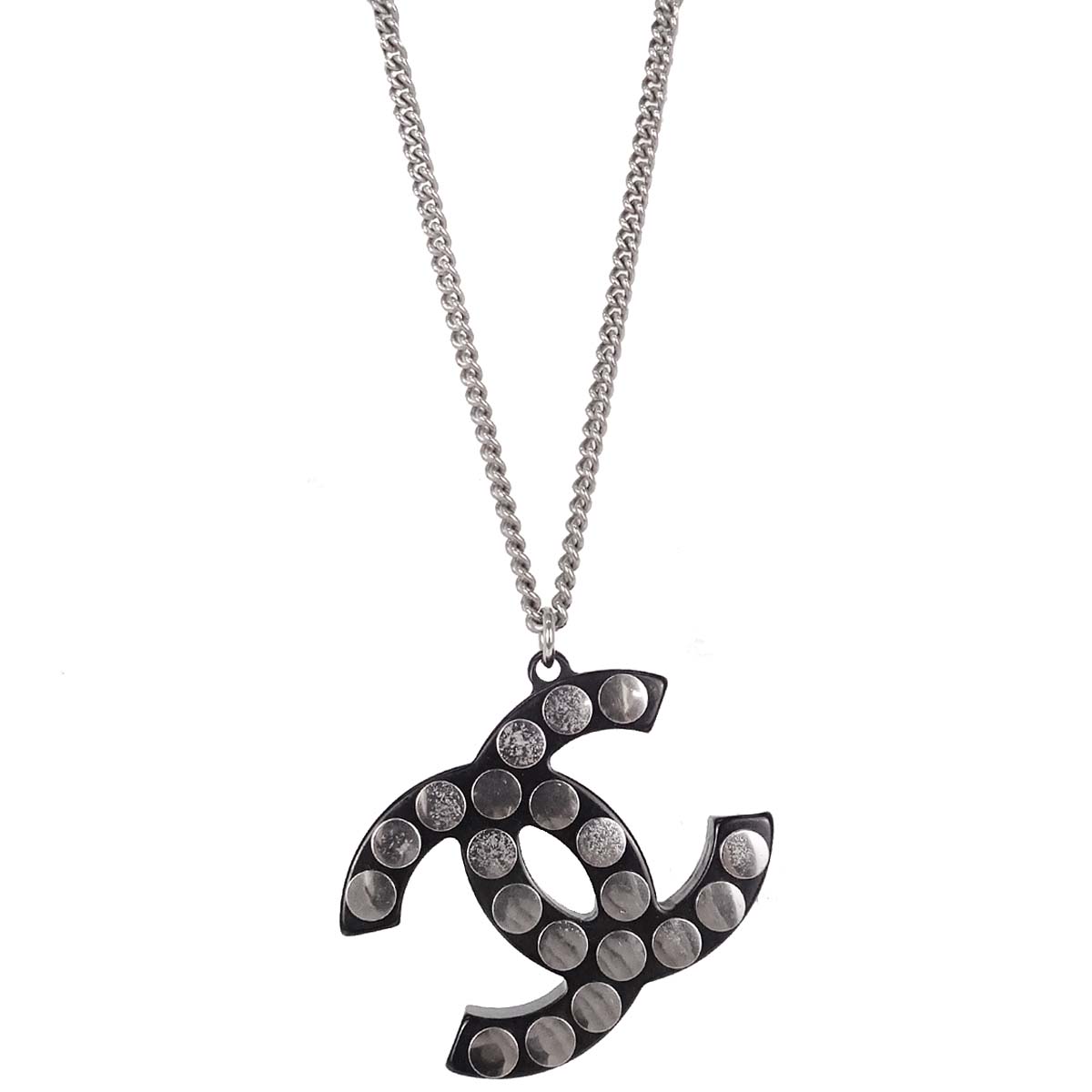 Chanel CC Chain Pendant Necklace Acrylic Silver Black 05P