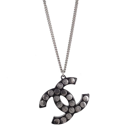 Chanel CC Chain Pendant Necklace Acrylic Silver Black 05P