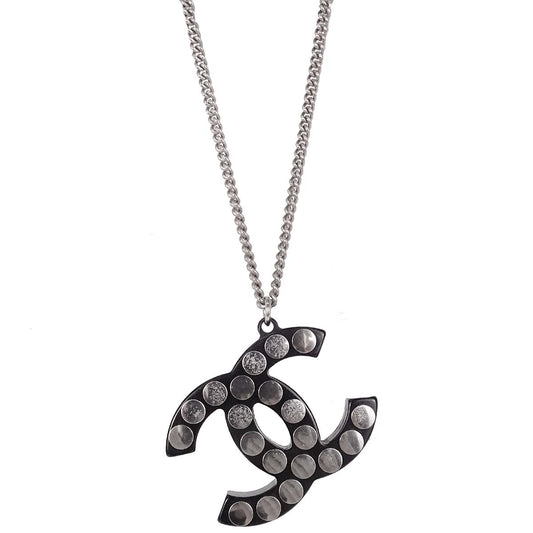Chanel CC Chain Pendant Necklace Acrylic Silver Black 05P