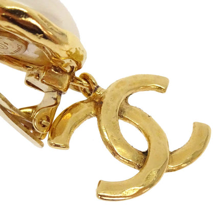 Chanel CC Costume Pearl Dangle Clip-On Earrings Gold 95P
