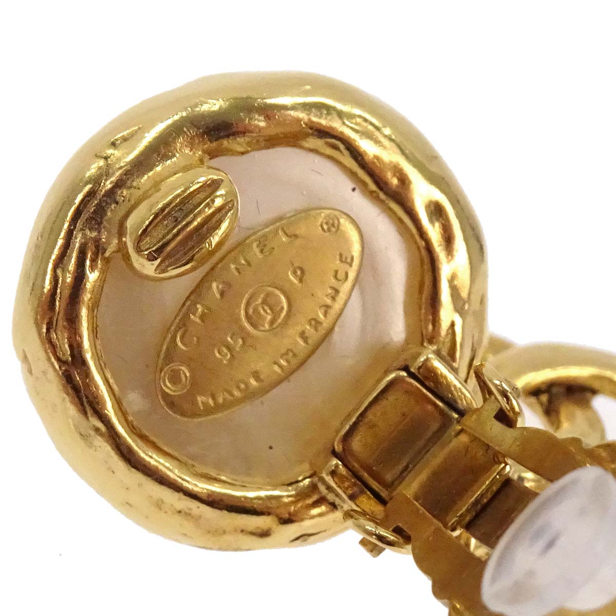 Chanel CC Costume Pearl Dangle Clip-On Earrings Gold 95P