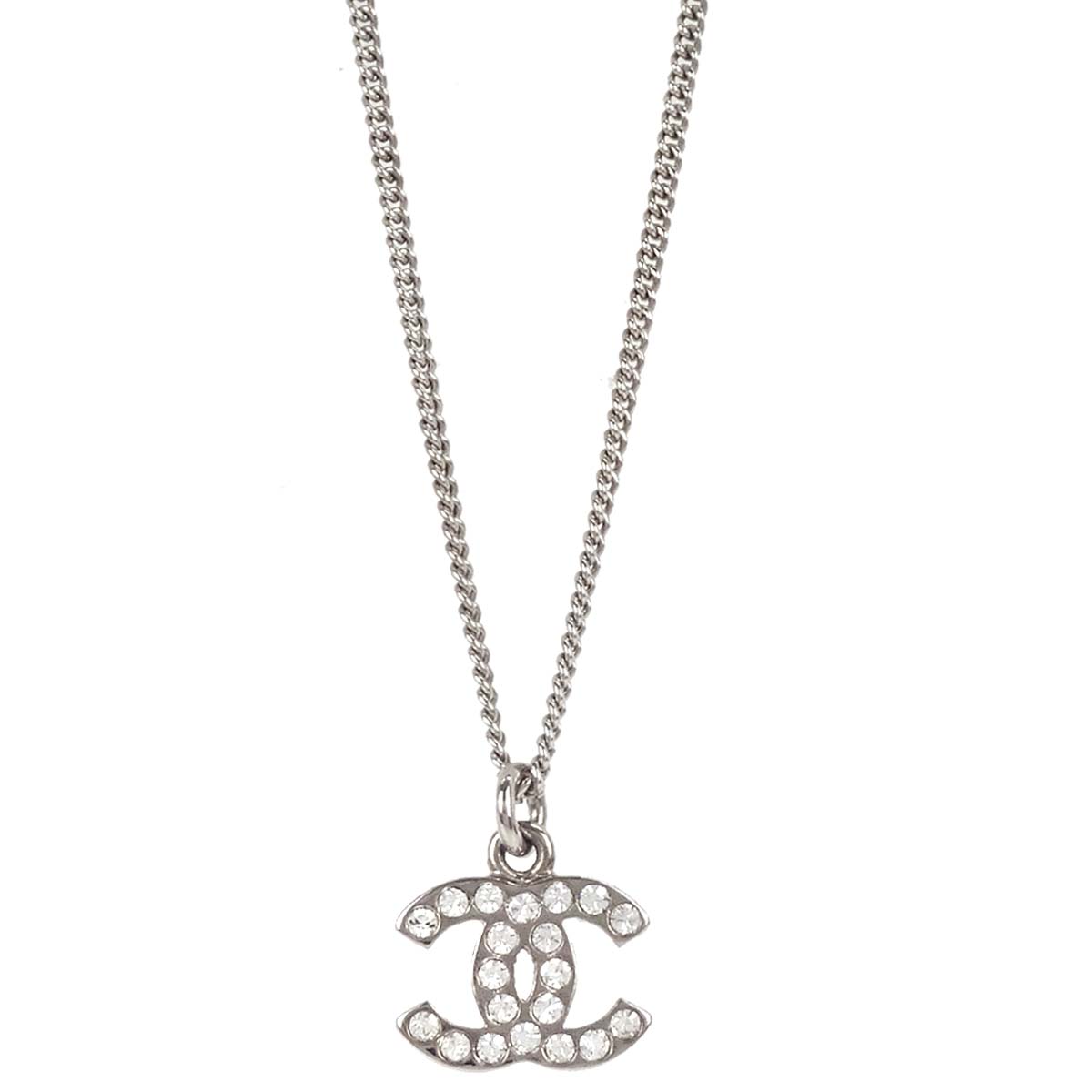 Chanel CC Chain Necklace Pendant Silver Rhinestone 08V