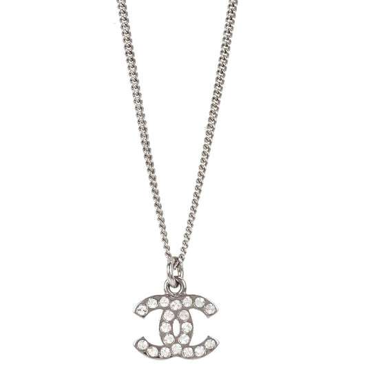 Chanel CC Chain Necklace Pendant Silver Rhinestone 08V